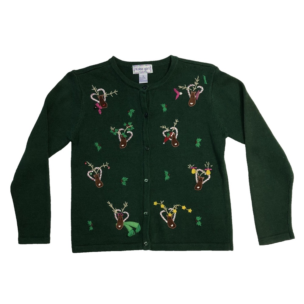 Kobe Girl Cardigan Sweater‎ Size Large 14 Green Reindeer Holiday Christmas Ugly